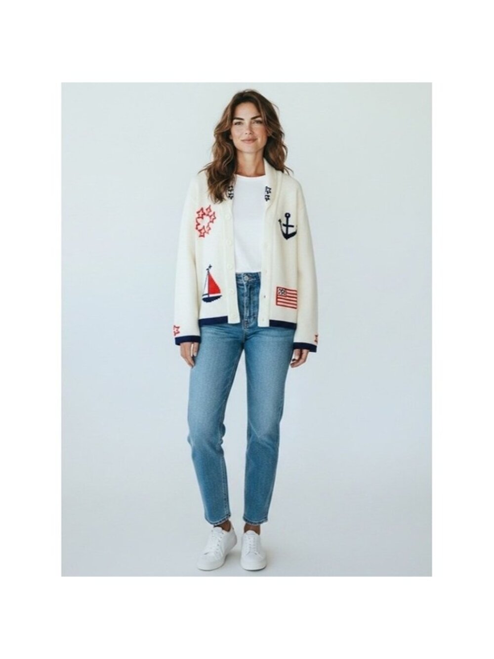 EXCLUSIVELY FOR CARINA Vintage Made In Republic Of Korea Nautical Cardigan L - Picture 1 of 6
